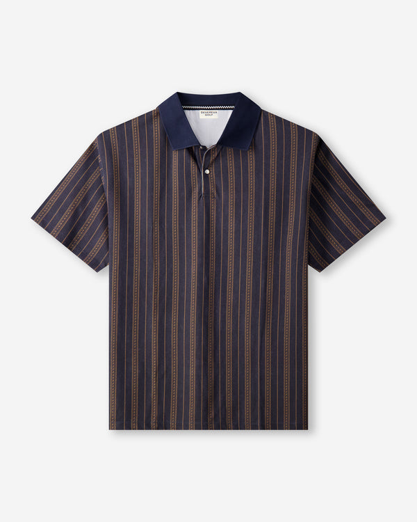 Men's short-sleeve polo shirt in dark navy with vertical stripe pattern and ribbed collar.