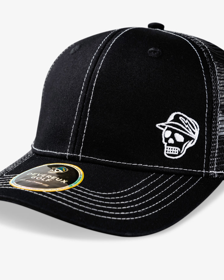 Skull Trucker Top Stitch Hat - Black