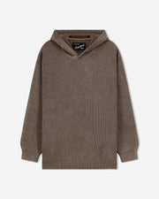 Brown ribbed sweater with a hood on a white background