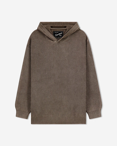 Brown ribbed sweater with a hood on a white background