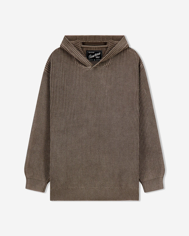 Brown ribbed sweater with a hood on a white background