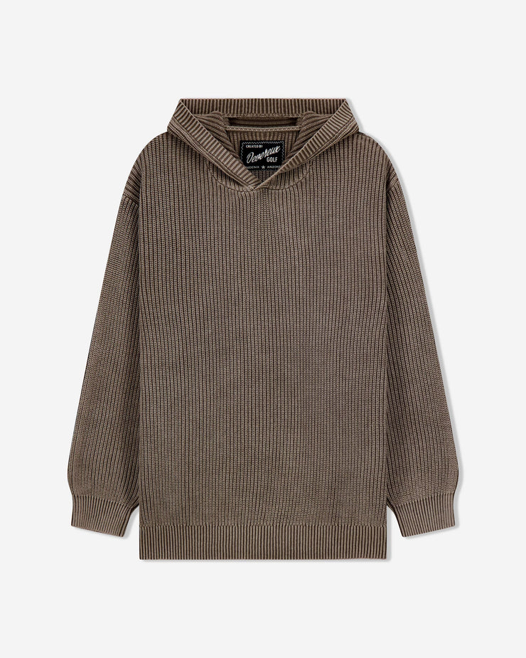 Brown ribbed sweater with a hood on a white background