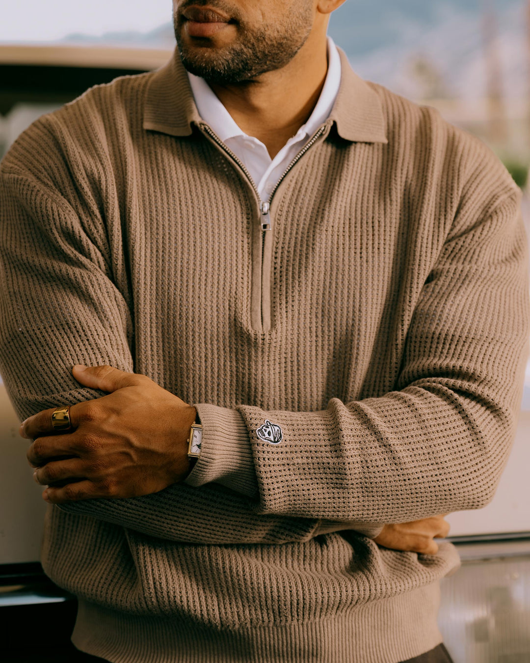 Loose Knit Quarter Zip Polo - Greige | Devereux