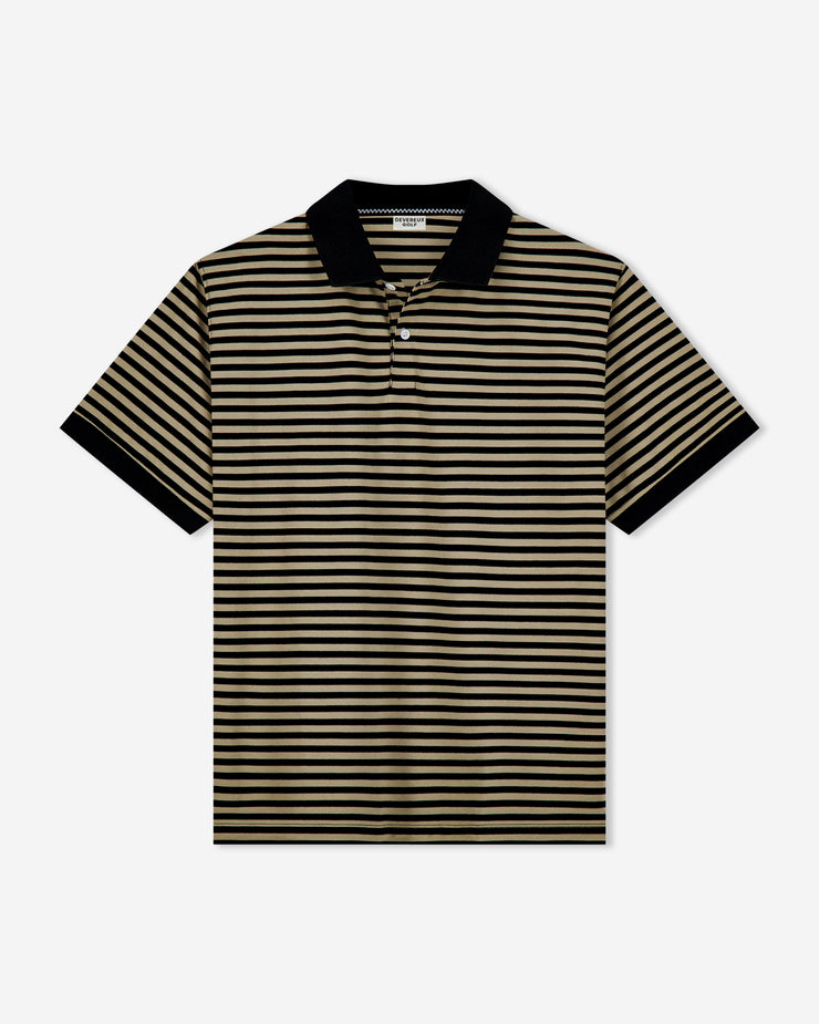 black and brown striped golf polo