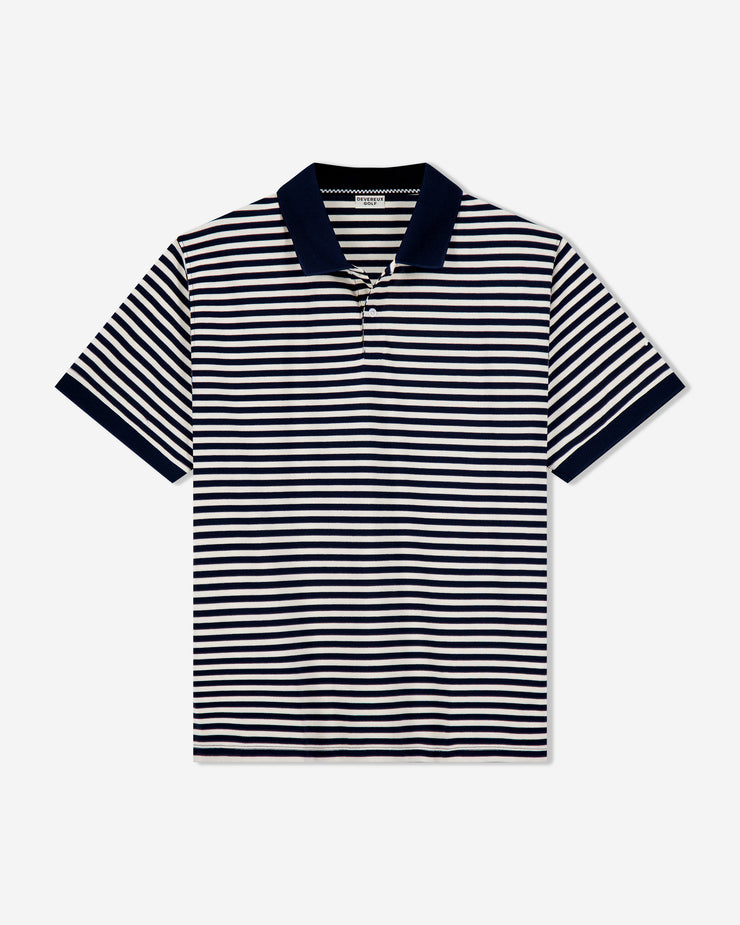 Black and white striped polo shirt on a white background