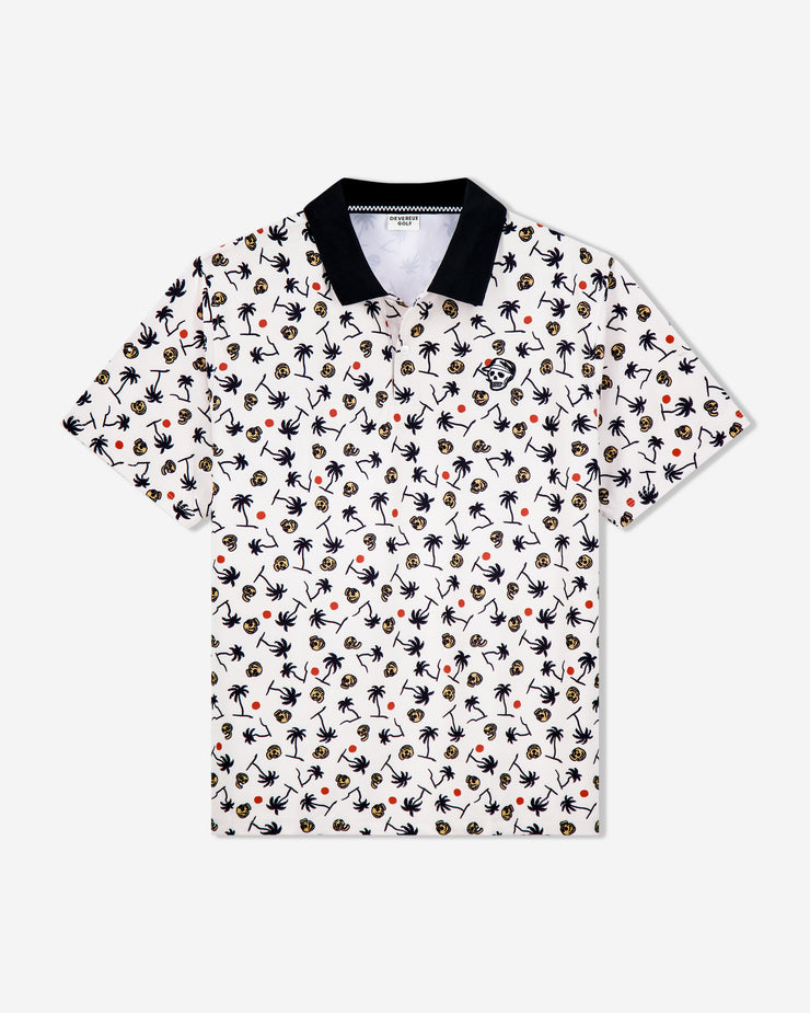 men's white polo with trees and skulls