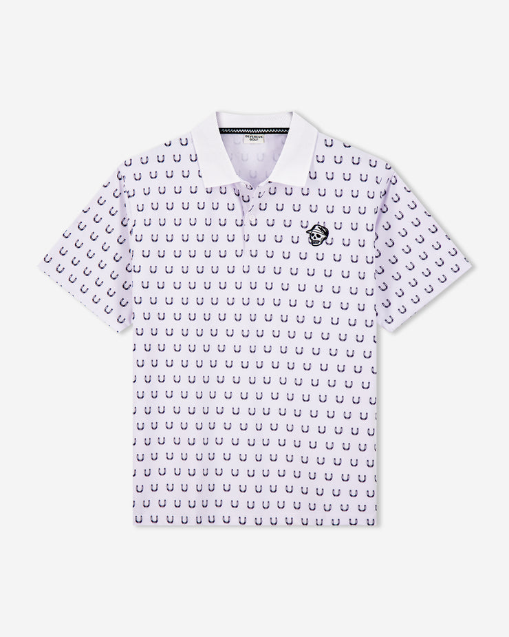 White polo shirt with a horseshoe pattern on a white background