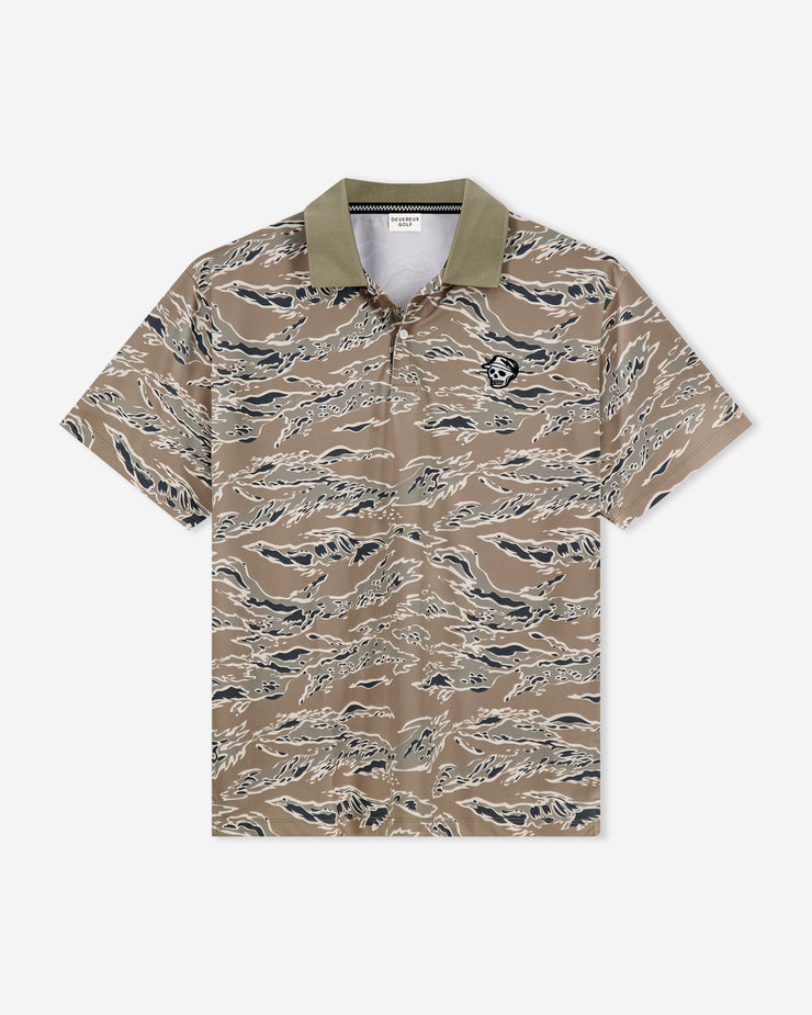 Camouflage-patterned polo shirt on a white background