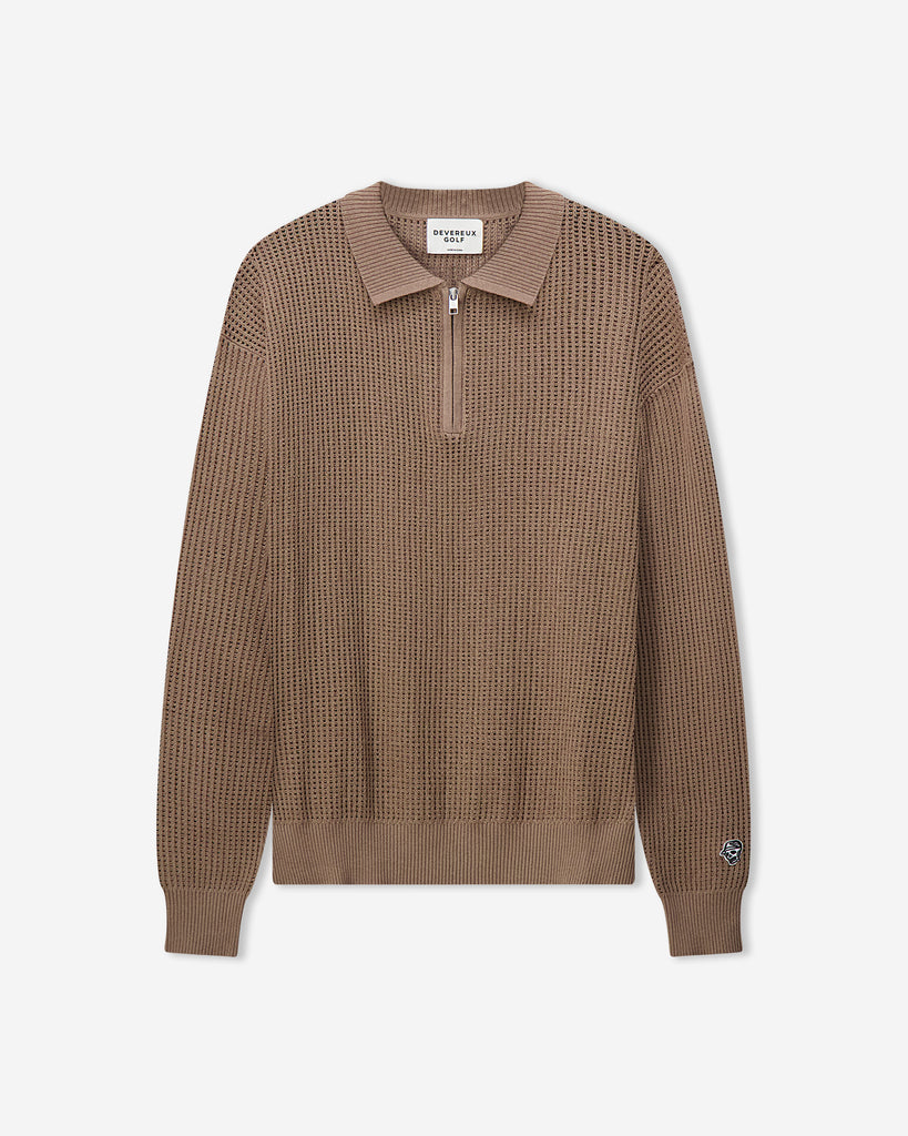 Loose Knit Quarter Zip Polo - Greige – Devereux