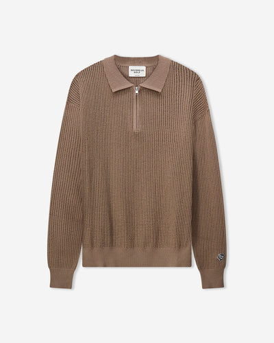Loose Knit Quarter Zip Polo - Greige | Devereux