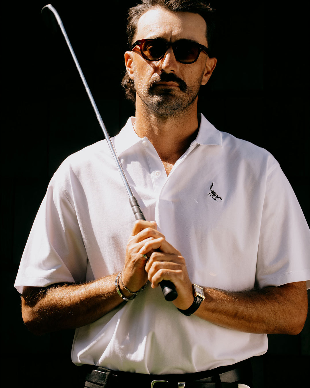 White Men's Golf Polo - Scorpion Icon - Devereux