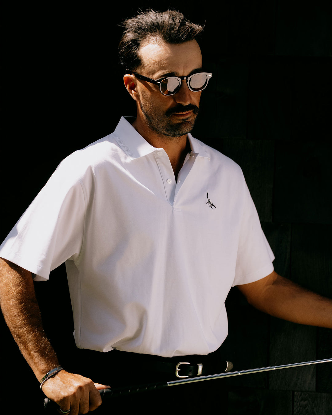 White Men's Golf Polo - Scorpion Icon - Devereux