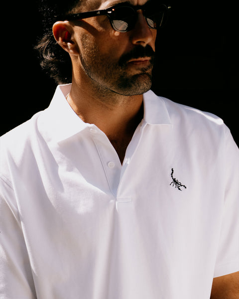White Men's Golf Polo - Scorpion Icon - Devereux