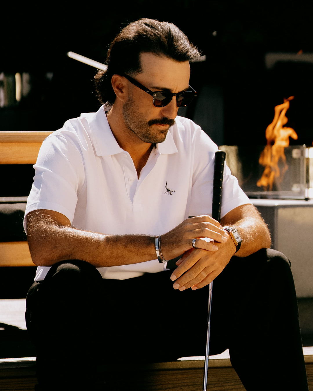 White Men's Golf Polo - Scorpion Icon - Devereux