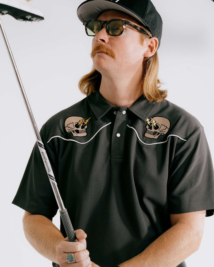 black polo shirt with skull designs
