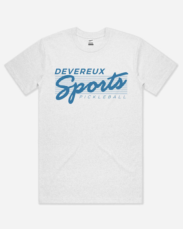 Heather white tshirt Devereux with Pickleball Sports pickleball in blue