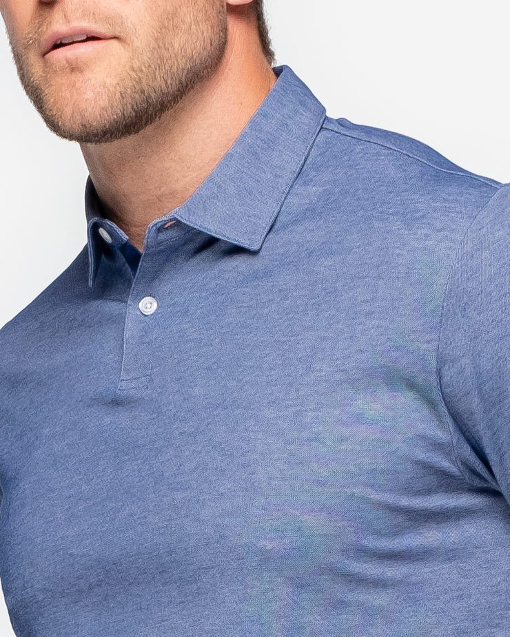 Heathered classic navy blue golf performance polo with dark navy blue collar detail and two button placket