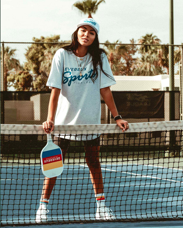 Heather white tshirt Devereux with Pickleball Sports pickleball in blue