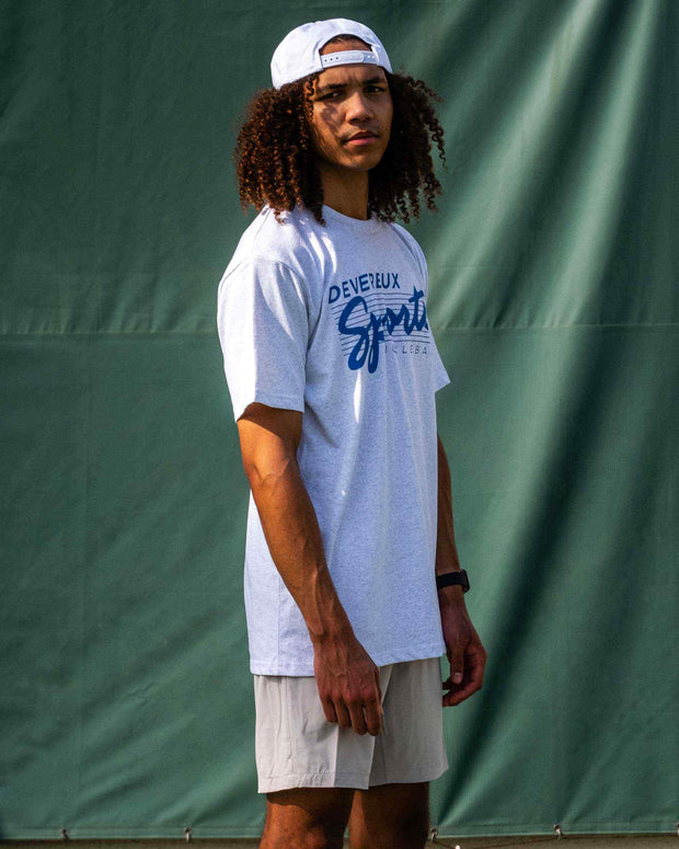 Heather white tshirt Devereux with Pickleball Sports pickleball in blue