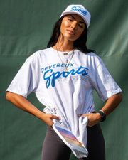 Heather white tshirt Devereux with Pickleball Sports pickleball in blue