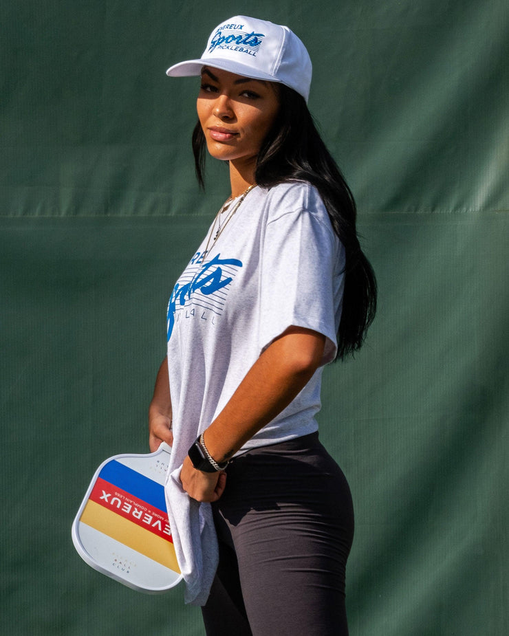 Heather white tshirt Devereux with Pickleball Sports pickleball in blue