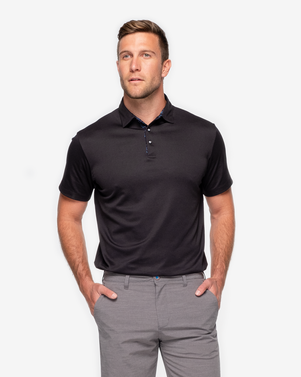Classic black Devereux golf polo with blue and black inner collar detail
