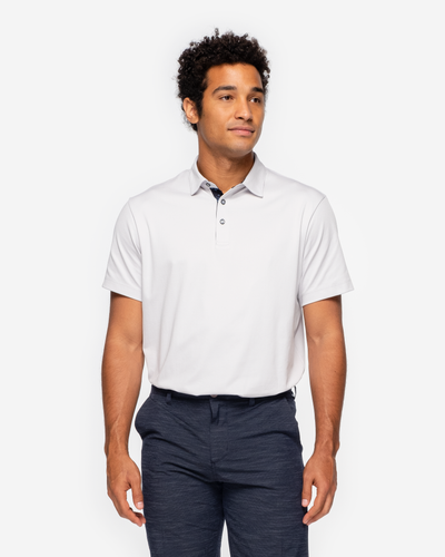 Light Grey Devereux golf polo with blue and black inner collar detail