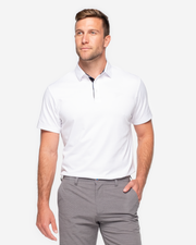 Classic white Devereux golf polo with blue and black inner collar detail