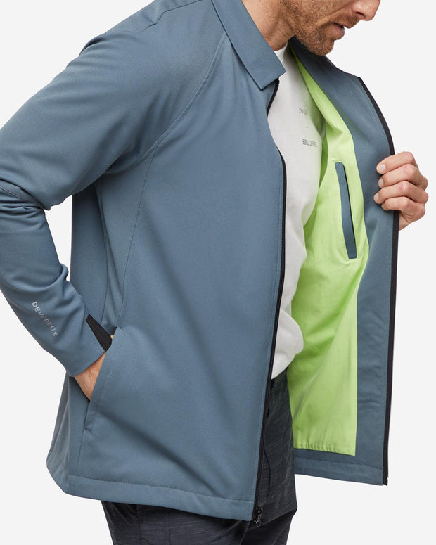 Dark grey full zip collared jacket with neon green lining