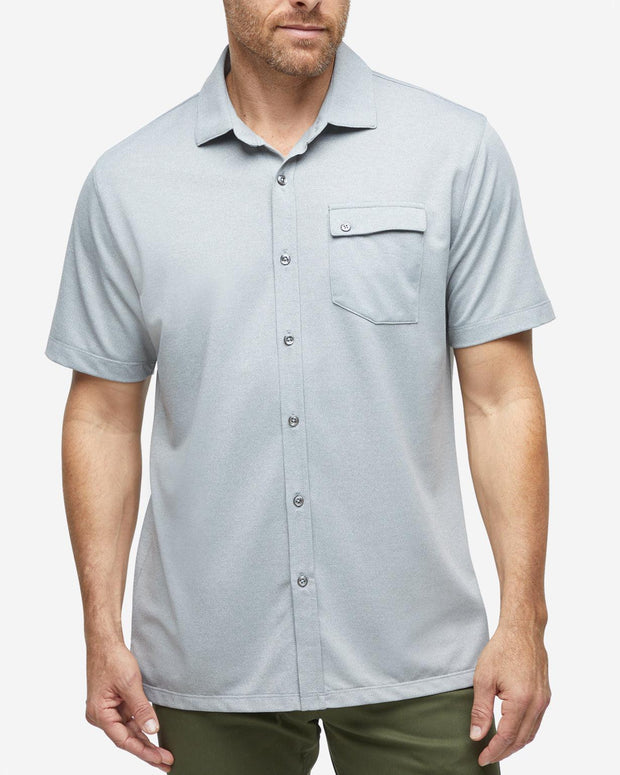 Grey textured short sleeve button down with asymmetric left chest pocket with button