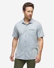 Grey textured short sleeve button down with asymmetric left chest pocket with button