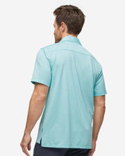Turquoise blue textured short sleeve button down with asymmetric left chest pocket with button