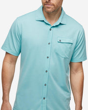 Turquoise blue textured short sleeve button down with asymmetric left chest pocket with button