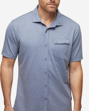 Navy blue textured short sleeve button down with asymmetric left chest pocket with button