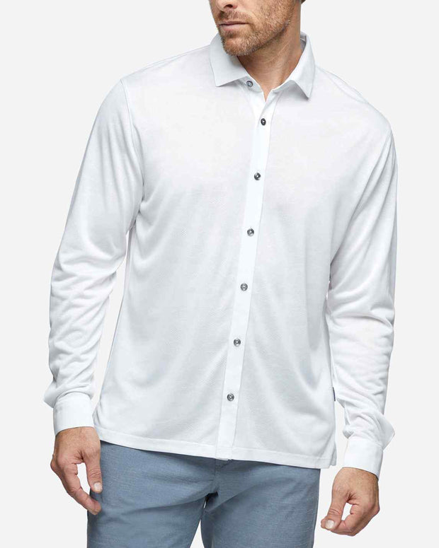 White performance jersey long sleeve button down with subtle mesh camo design