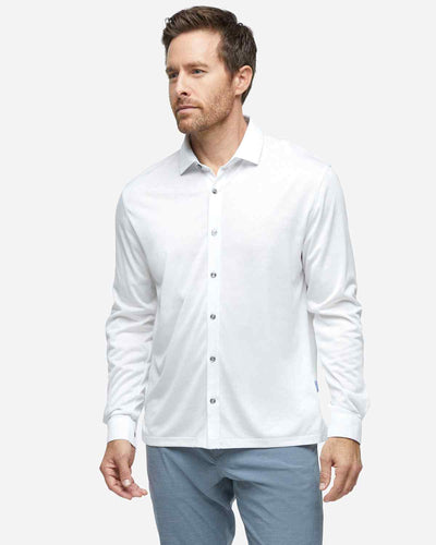 White performance jersey long sleeve button down with subtle mesh camo design