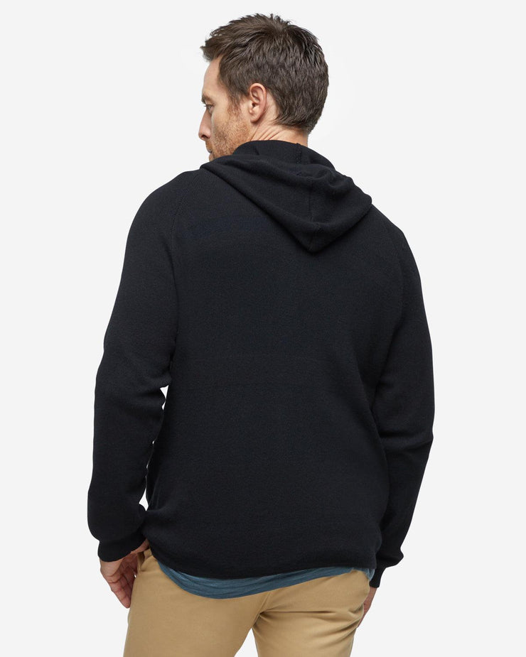 Black cashmere long sleeve sweater with side pockets, hood, and drawstring coards