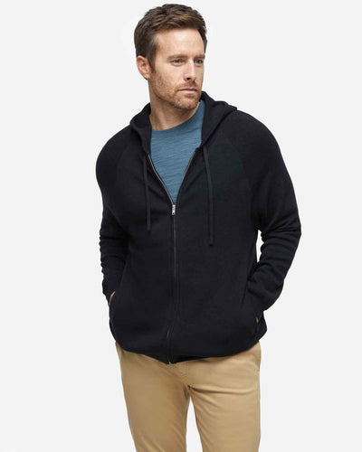 Black cashmere long sleeve sweater with side pockets, hood, and drawstring coards