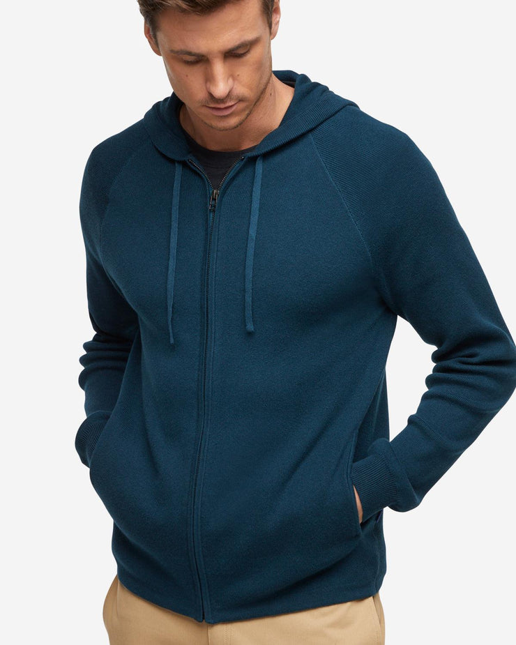 Dark Green cashmere long sleeve sweater with side pockets, hood, and drawstring coards