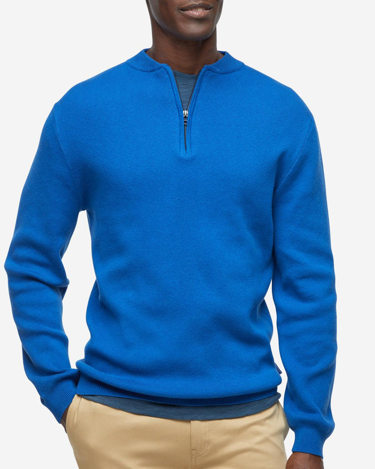 Bright Blue cashmere long sleeve sweater with quarter zip collar