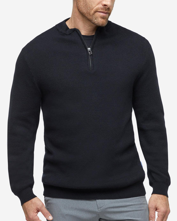 Black cashmere long sleeve sweater with quarter zip collar